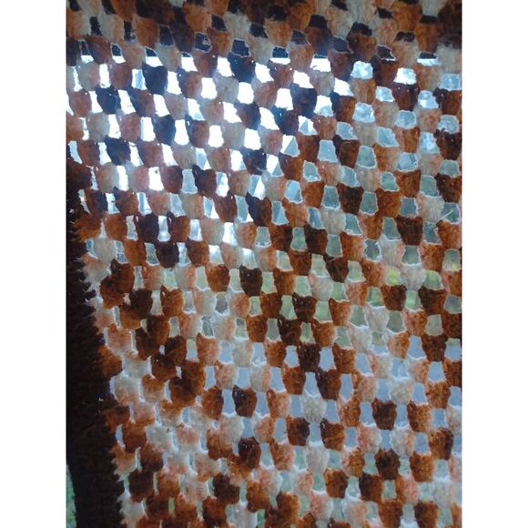 Handmade Crocheted Popcorn Stitch Brown White & Tan Blanket Unique Warm Beauty - Picture 5 of 9